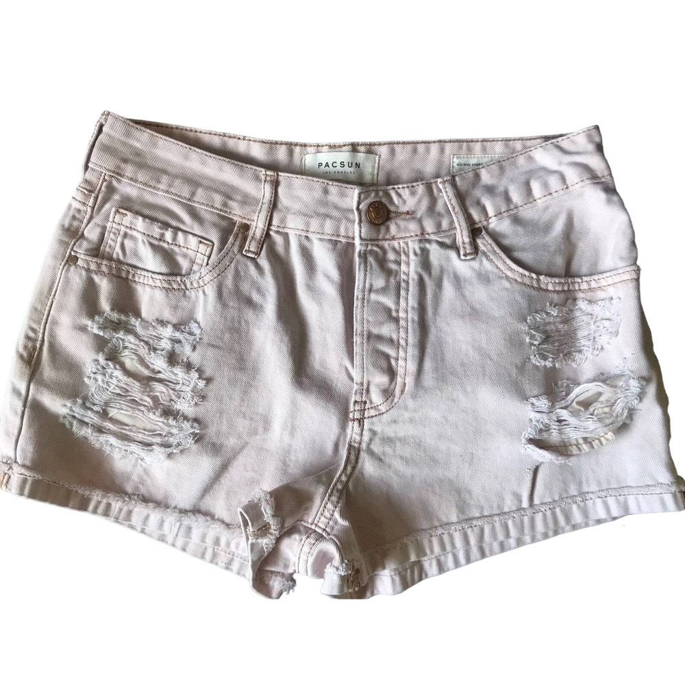 🌵 PacSun Festival Wear Distressed Pink Button Fly Cut Off Shorts - Size 27